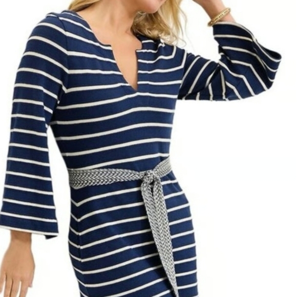 Tommy Bahama Midi Dress XL Navy Blue Cotton Sun Harbor Striped Kaftan New $200 - Picture 4 of 16
